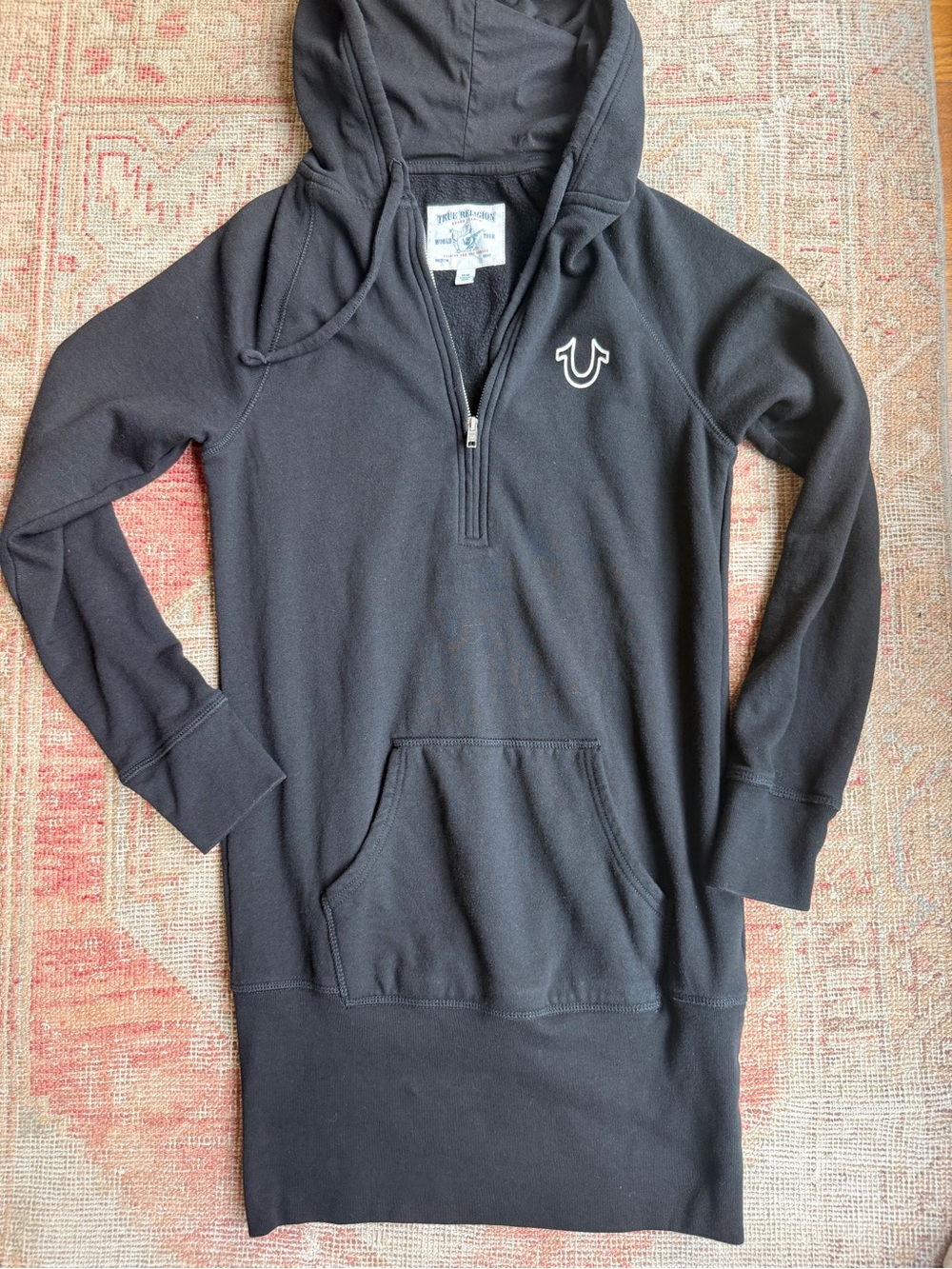 Y2K True Religion Black Hooded Half-Zip Mini Dress